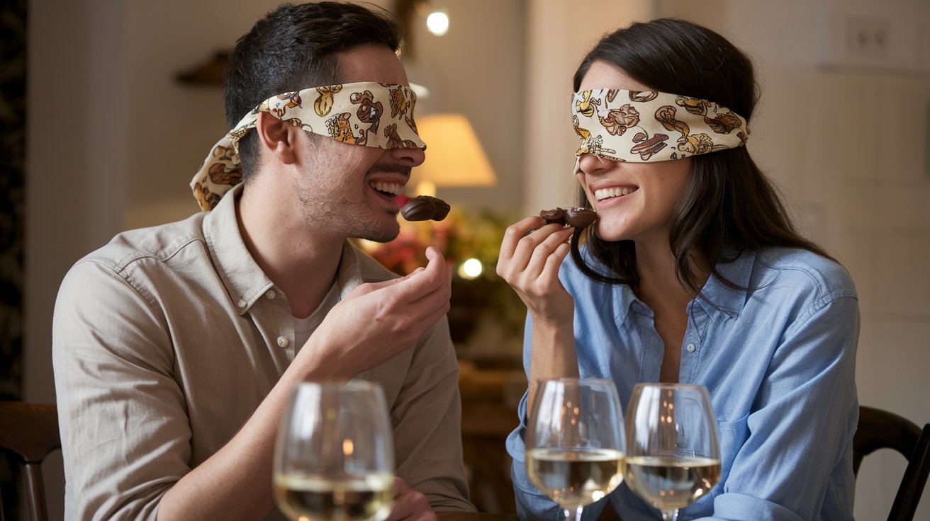 a photo of a man and a woman blindfolded and smili GYVdBtuUSnaqbB8O4HpyLA 9pLmEM73SQCG1hczfRpv2Q